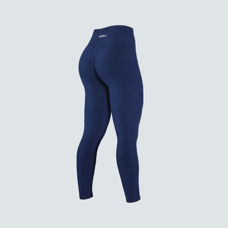Navy blue leggings with a brand logo on a light gray background