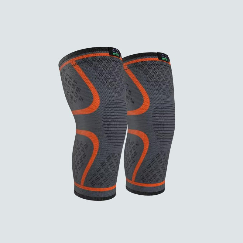Gray and orange knee sleeves on a light gray background