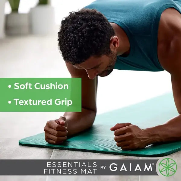 Person using a Gaiam fitness mat with text highlighting features