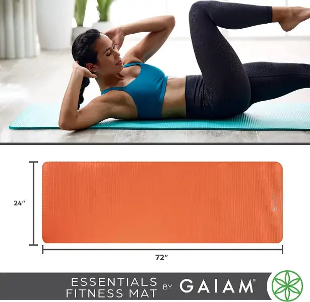Woman exercising on a Gaiam fitness mat with dimensions displayed.