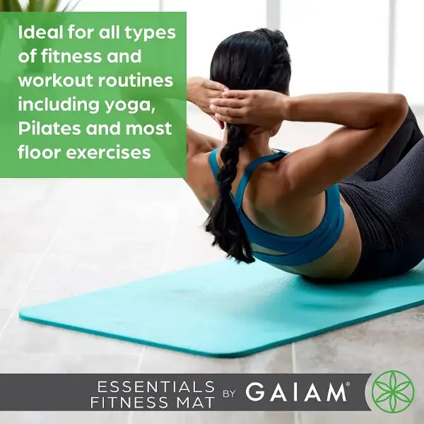 Woman exercising on a Gaiam fitness mat with promotional text.