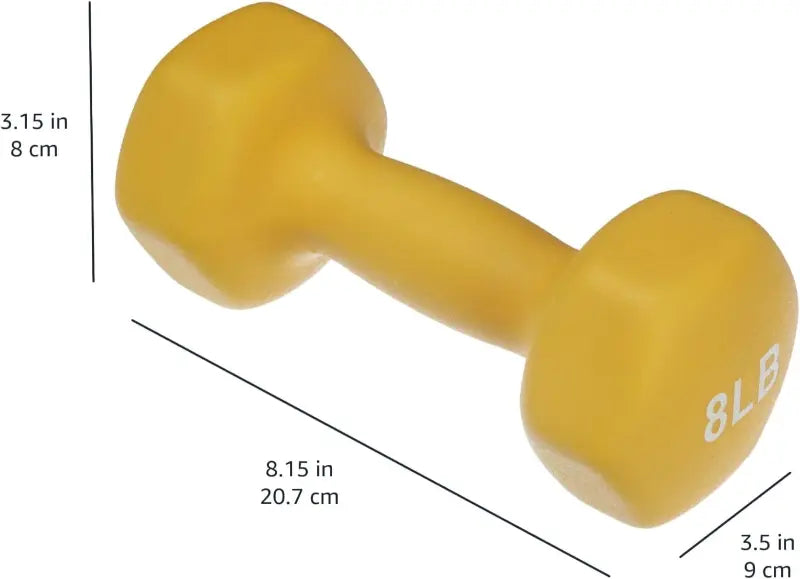 Yellow dumbbell with measurements on a white background
