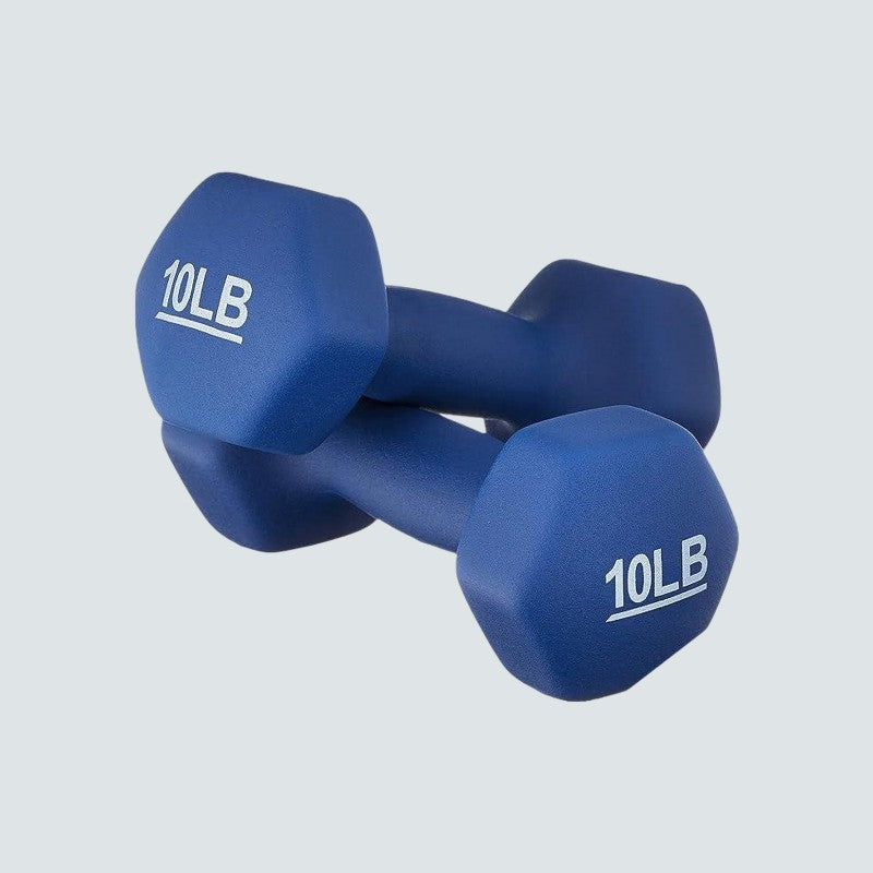 Pair of blue dumbbells with '10LB' marking on a light gray background