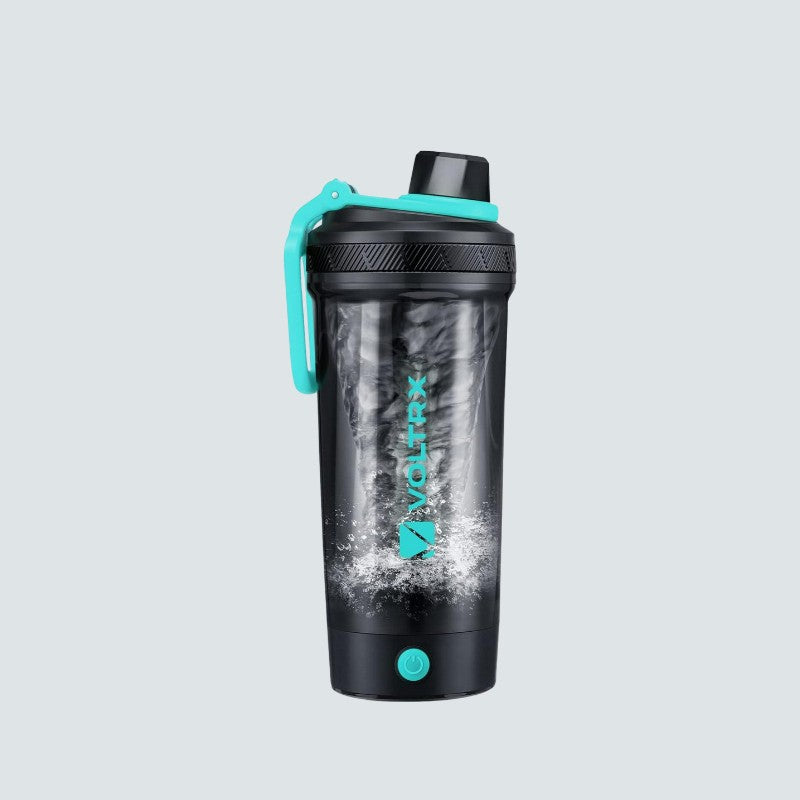 Black and teal shaker bottle with visible brand logo on a light gray background