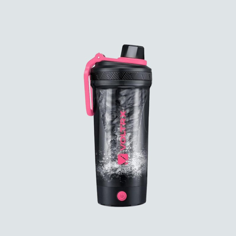 Black and pink shaker bottle with 'Vitality' branding on a light gray background
