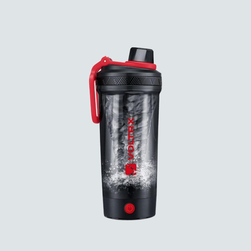 Black and red shaker bottle with Voltrx branding on a light gray background