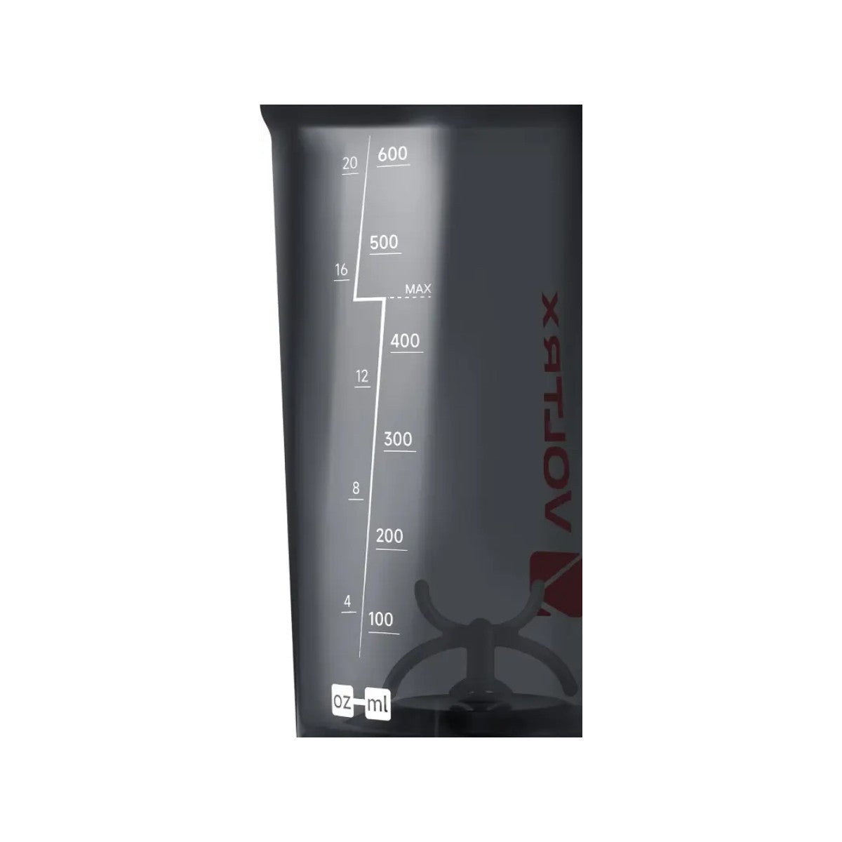 Black measuring container with scale and brand logo on a white background
