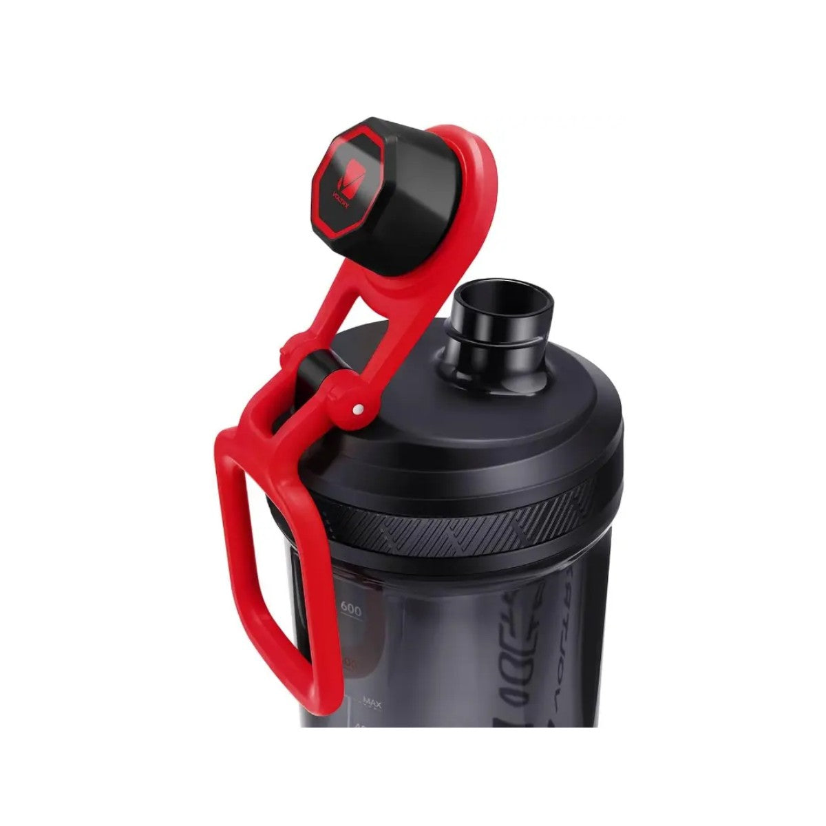 Black shaker bottle with red handle on a white background