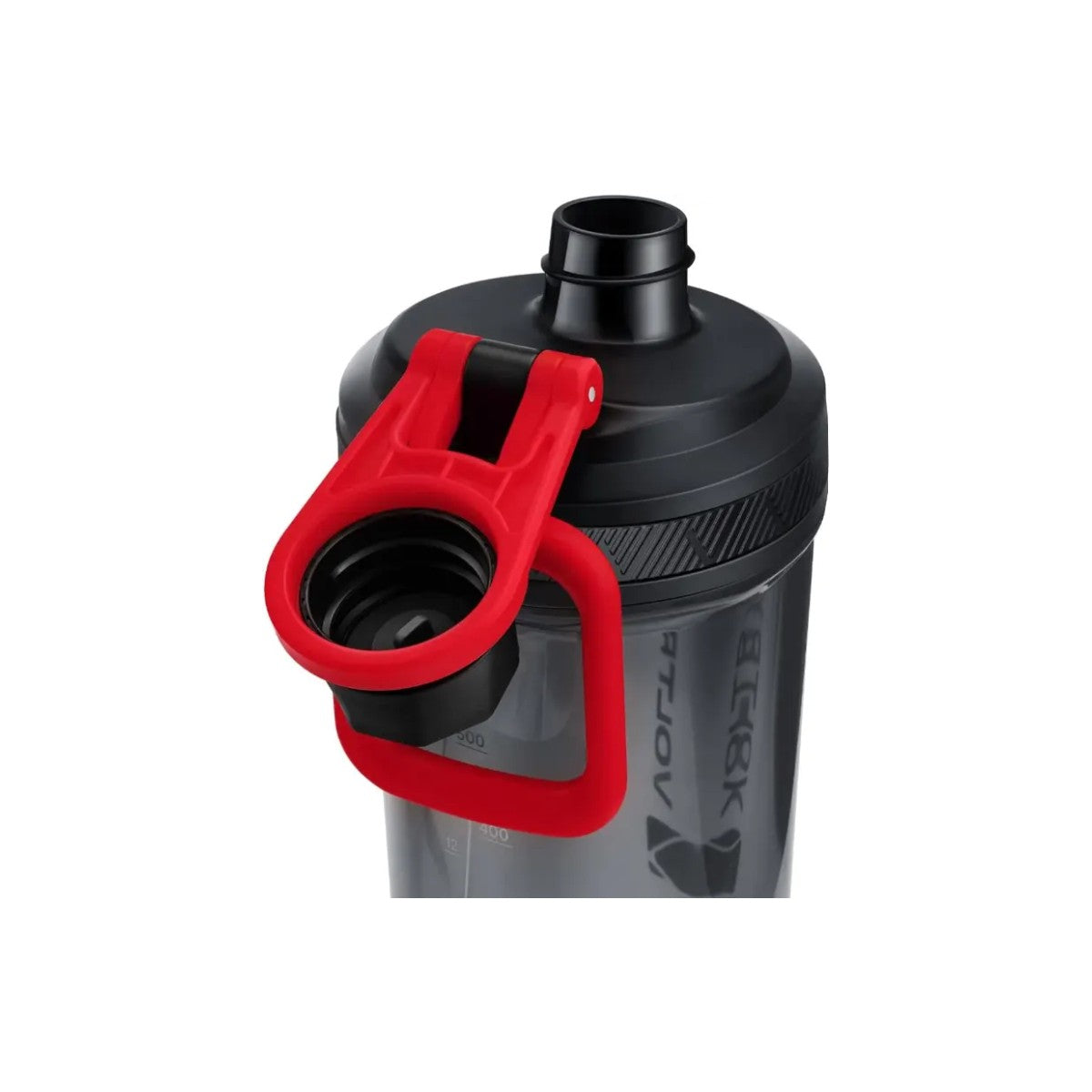 Black shaker bottle with red handle on a white background