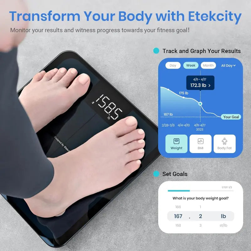 Person stepping on a digital scale with Etekcity branding and fitness tracking app interface.