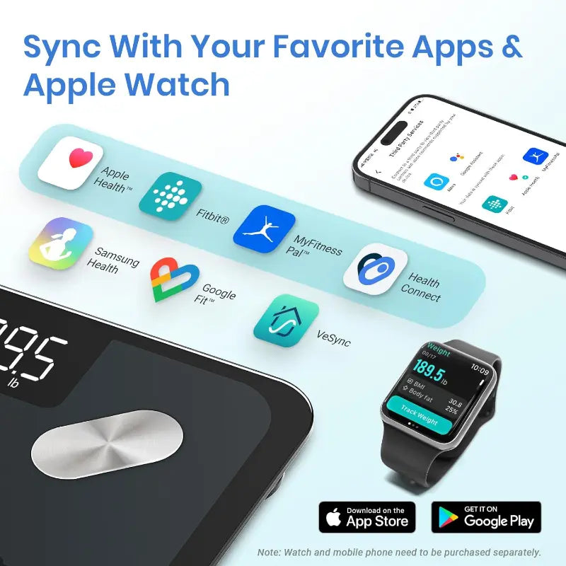 Smart scale, smartphone, and smartwatch with app icons on a light blue background