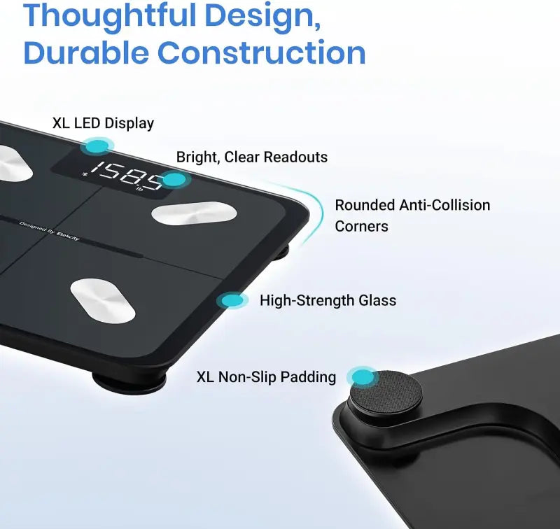 Black digital scale with features highlighted on a light blue background