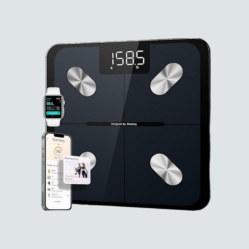 Smart bathroom scale with digital display, smartphone app, and smartwatch on a light gray background