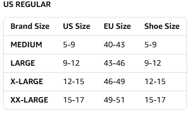 Size chart for US, EU, and shoe sizes with labeled columns.