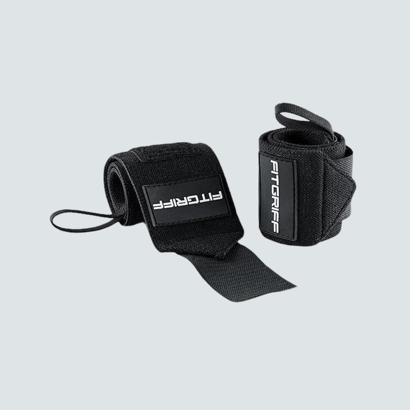 Black wrist wraps with FITGRIP branding on a light gray background