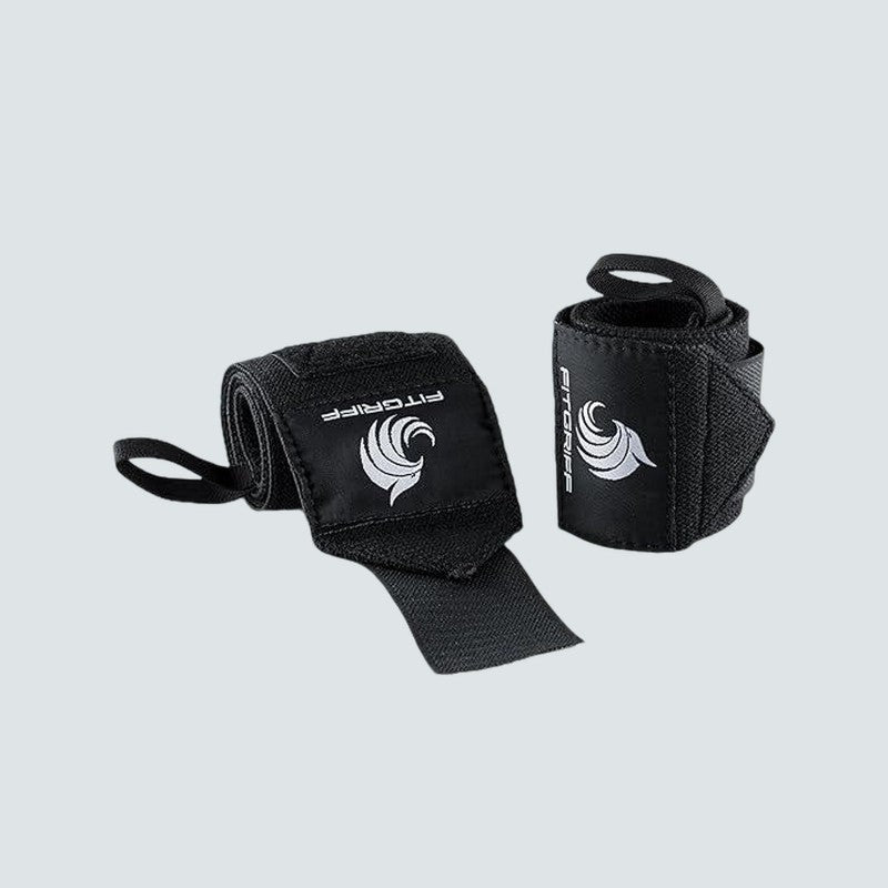 Black wrist wraps with brand logo on a light gray background