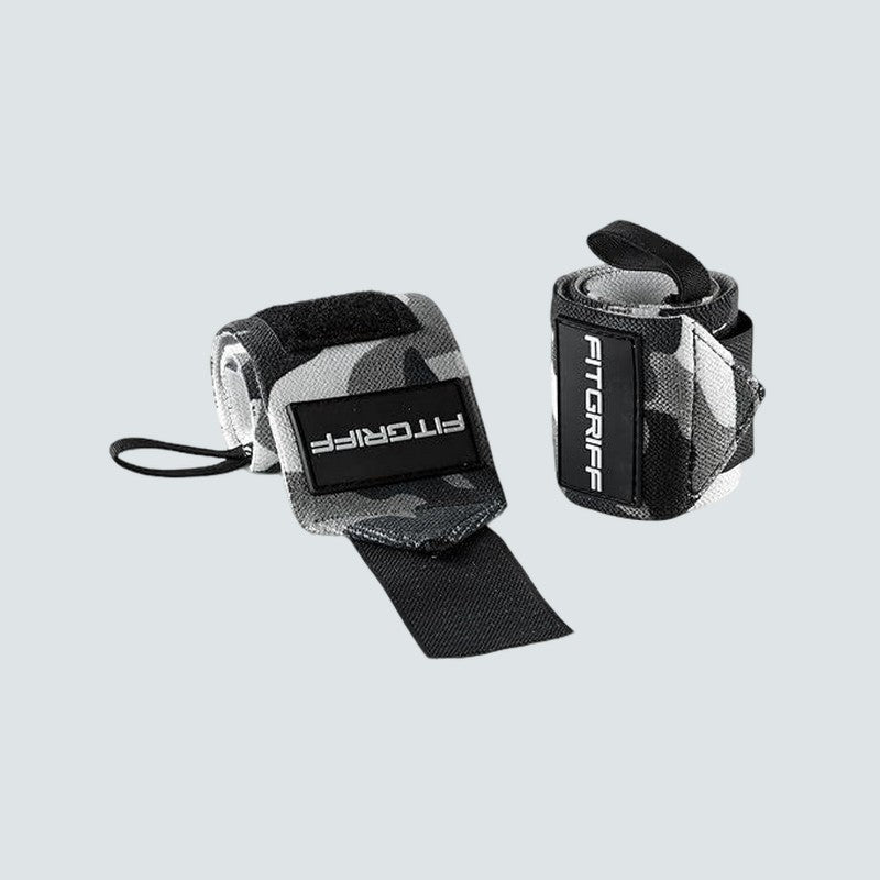 Two wrist wraps with camouflage pattern and FitGriff branding on a light gray background
