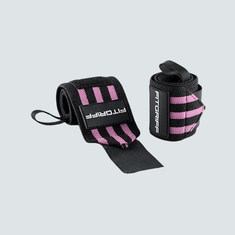 Pair of black and pink wrist wraps with FitGrip branding on a light gray background