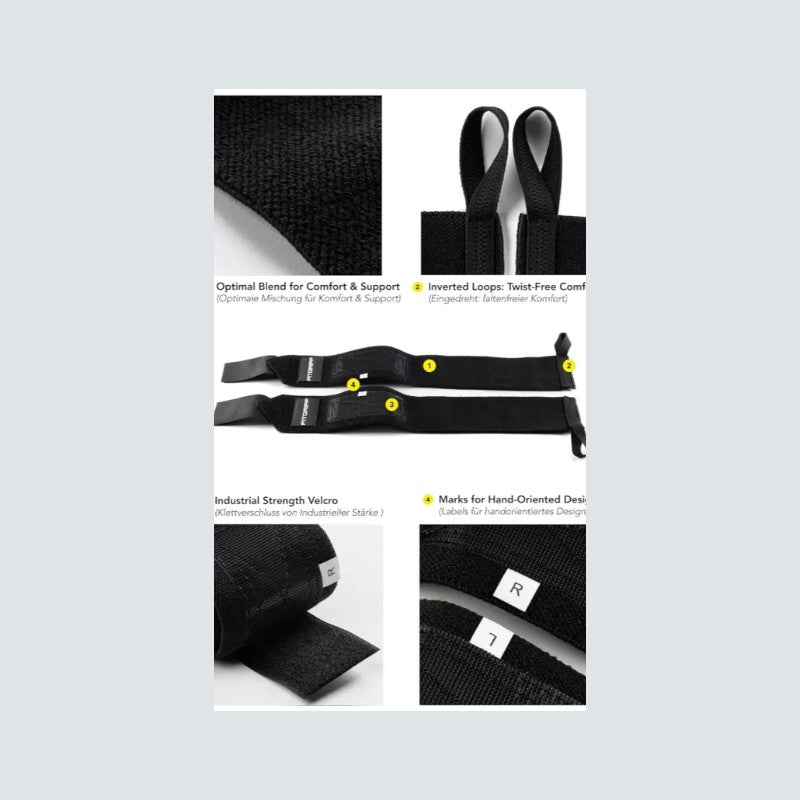 Black velcro straps with text on a light gray background