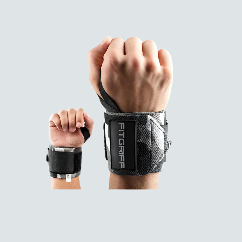 Hand wearing a wrist support with 'FitGrip' branding, surrounded by smaller images of the product.