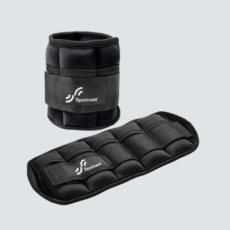 Black ankle weight with Sportneer logo on a light gray background