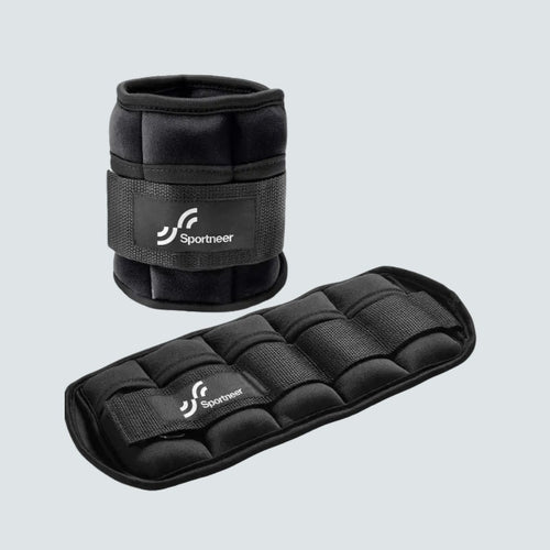 Black ankle weight with Sportneer logo on a light gray background