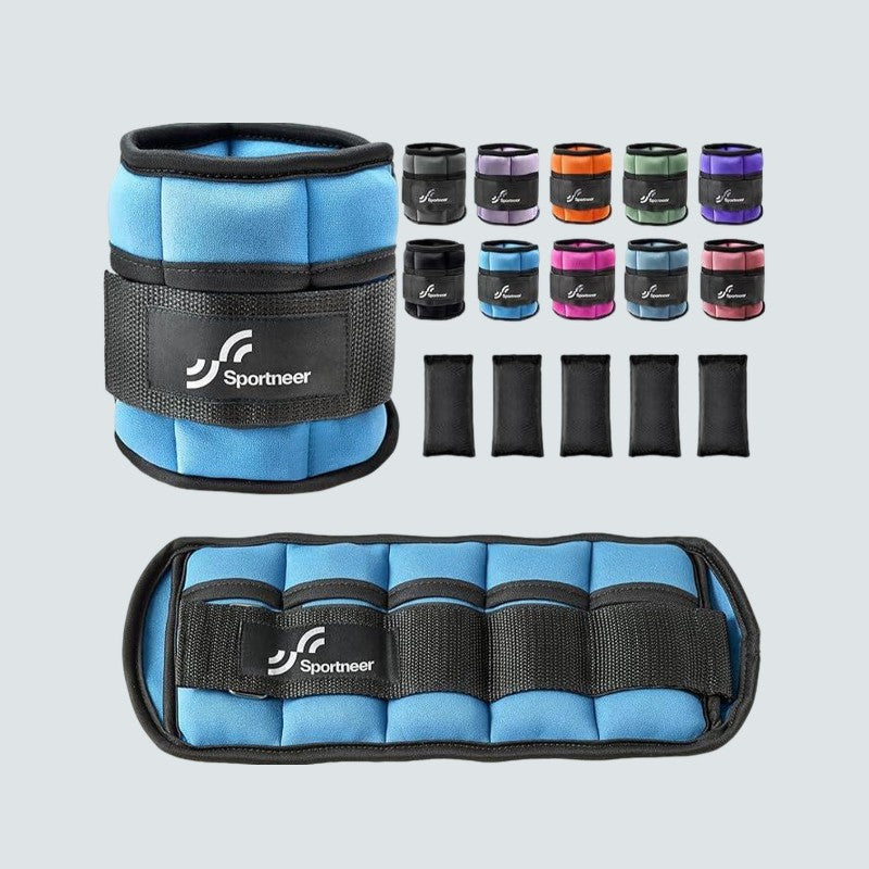 Blue ankle weight set with Sportneer branding on a light gray background