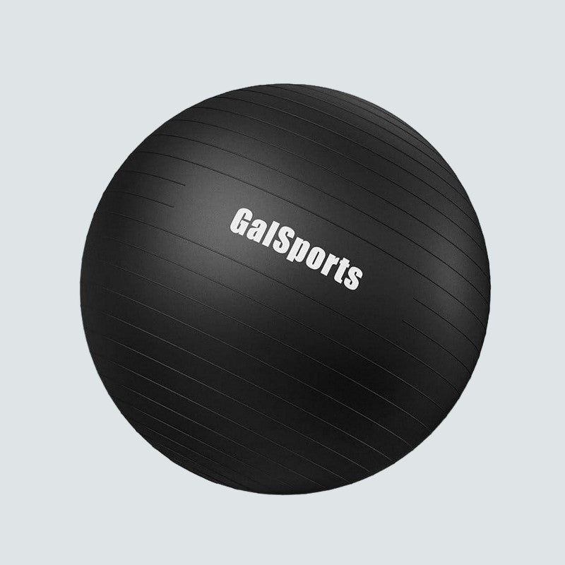 Black exercise ball with 'GaiSports' branding on a light gray background