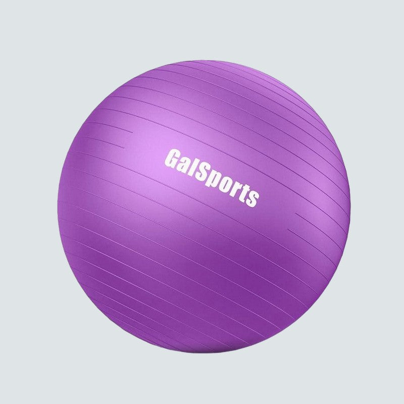 Purple exercise ball with 'GaiSports' branding on a light gray background