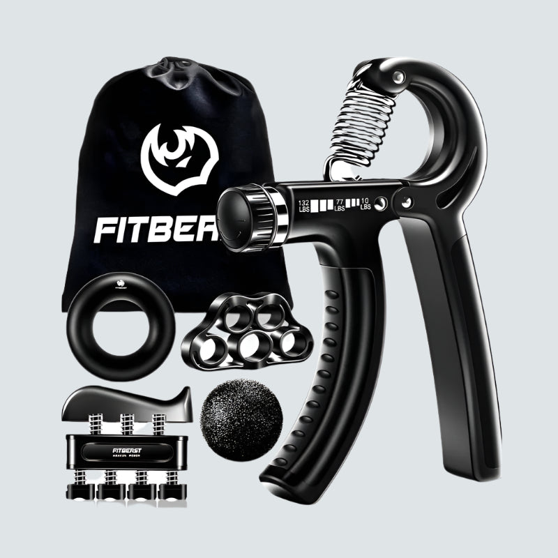 Black hand gripper with accessories and a black bag labeled 'FitBear' on a light gray background