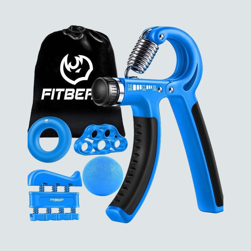 Blue and black hand gripper with accessories on a light gray background, featuring the Fitber brand.