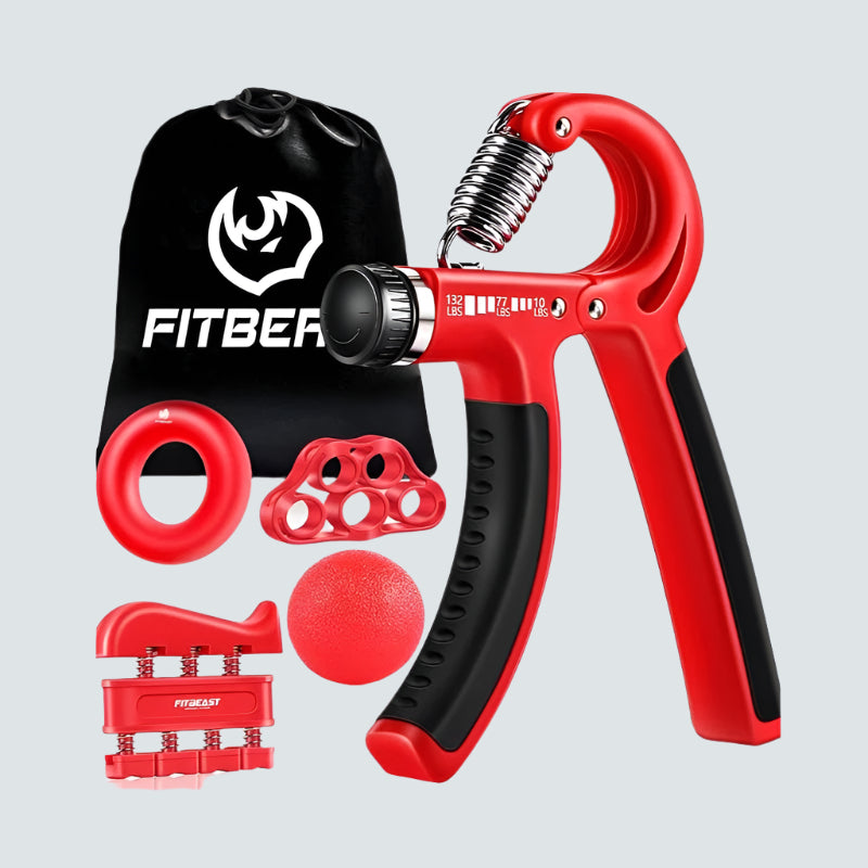 Red and black hand gripper with accessories on a light gray background, featuring the Fitber brand.
