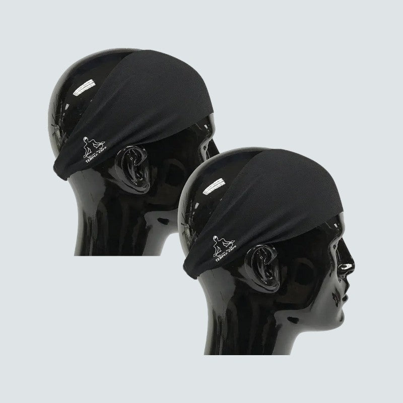Black headscarves on mannequin heads with a visible brand logo against a light gray background