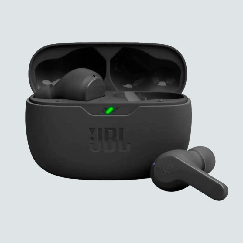 Black JBL wireless earbuds with charging case on a light gray background