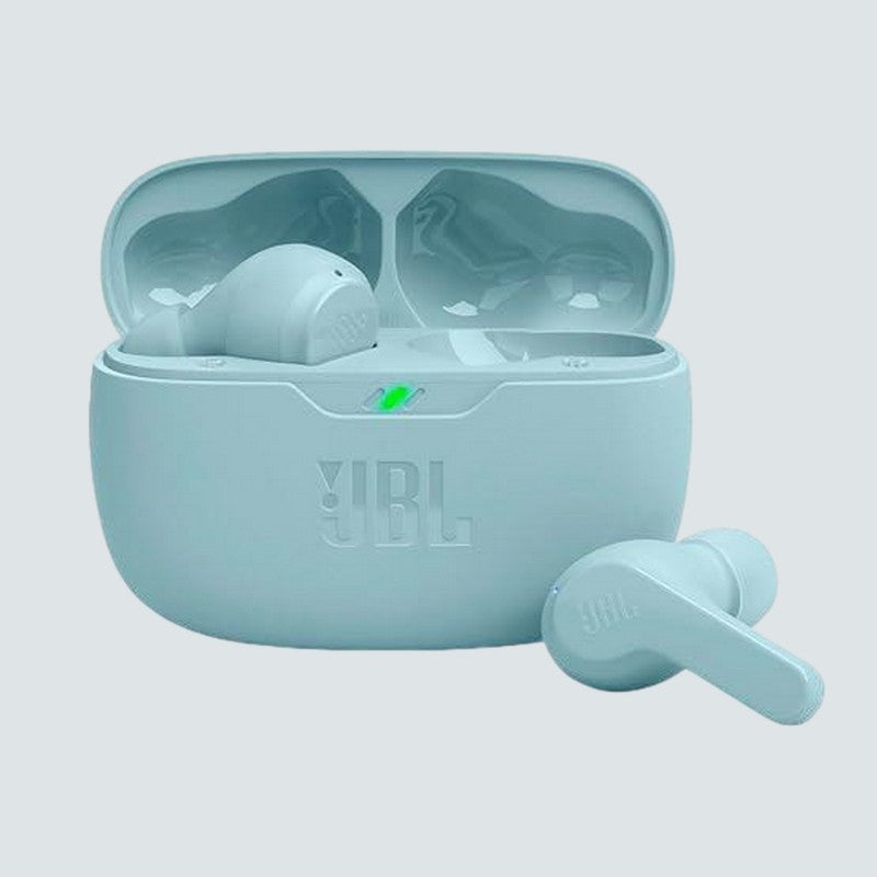Light blue JBL wireless earbuds with charging case on a light gray background