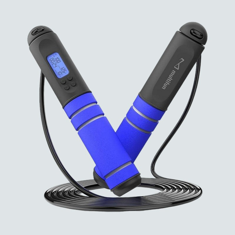 Digital jump rope with blue cables and black handles on a light gray background