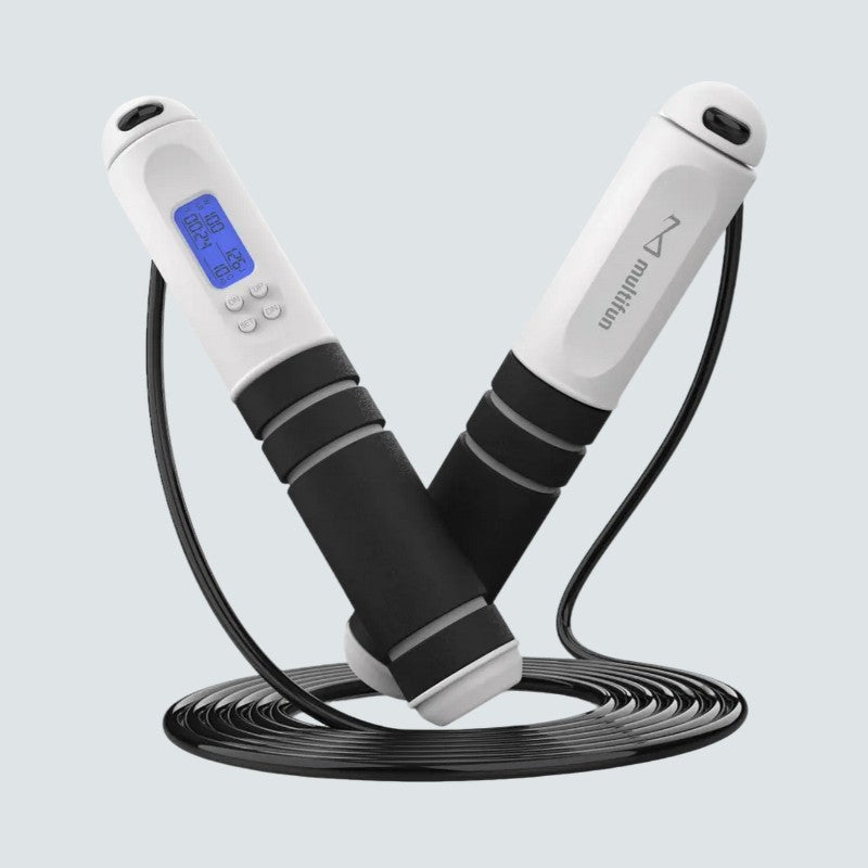 Digital jump rope with black cables on a light gray background