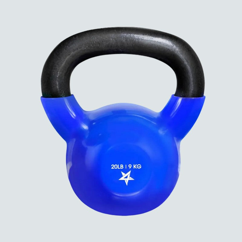Blue kettlebell with black handle on a light gray background