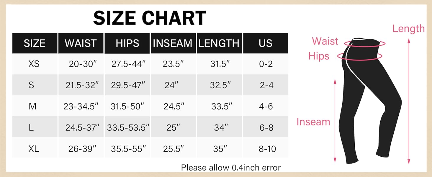 Size chart for pants with measurements and a diagram of waist, hips, and inseam.