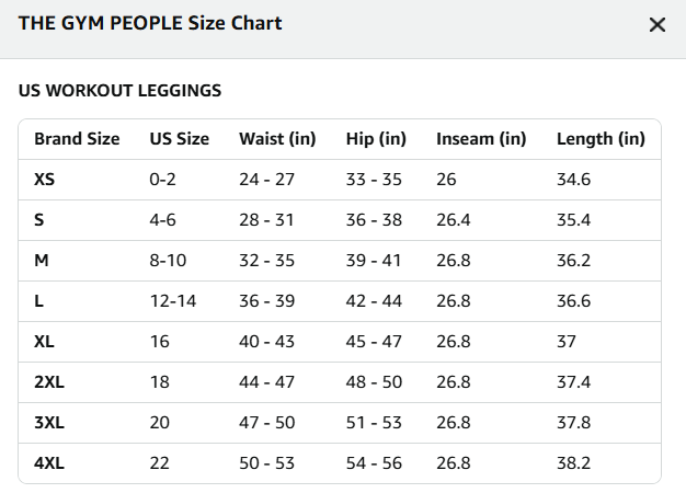Size chart for US Workout Leggings by The Gym People