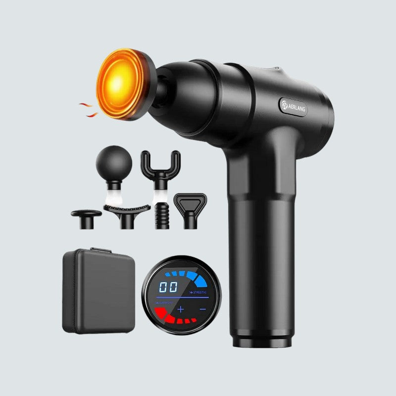 Black massage gun with attachments on a light gray background