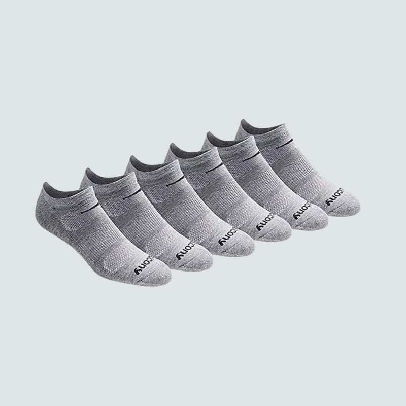 Set of six gray ankle socks on a light gray background