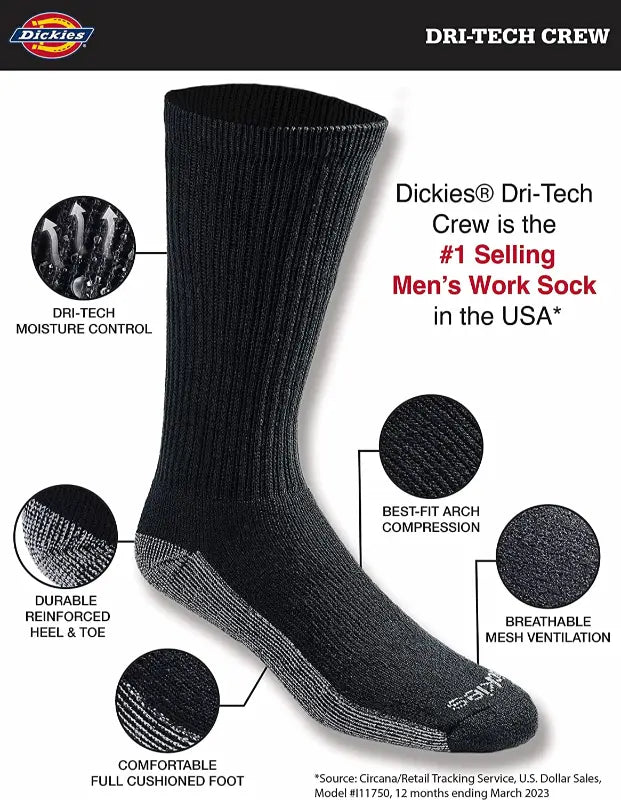 Men's Dri-Tech Original Moisture Control Crew Socks, Available in M-XXL (6, 12, 18 Pairs)