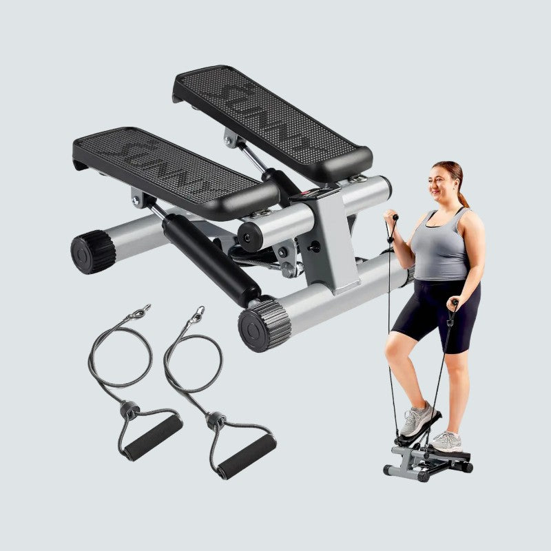 Stepper exercise machine with resistance bands and a woman using it on a light gray background