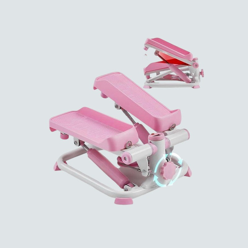 Pink and white step machine on a light gray background
