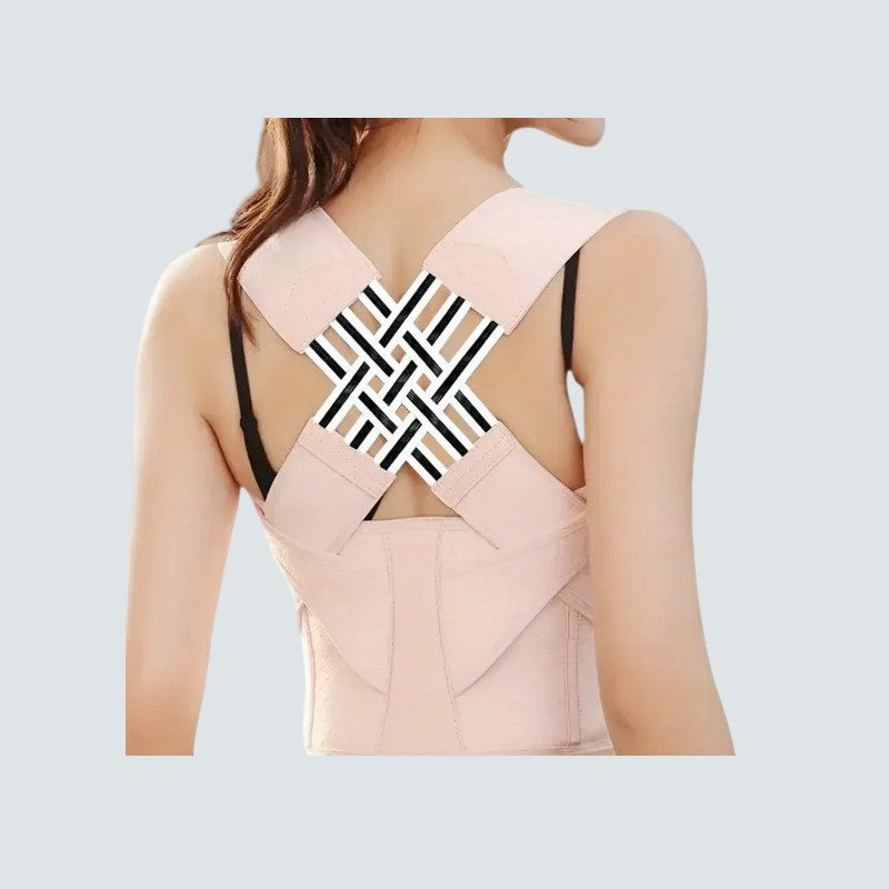 Back view of a person wearing a light pink dress with geometric cutouts on a light gray background