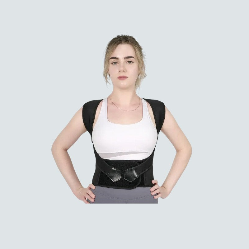 Woman wearing a black posture corrector on a light gray background