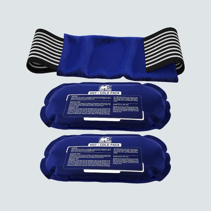 Blue hot and cold pack with a strap on a light gray background
