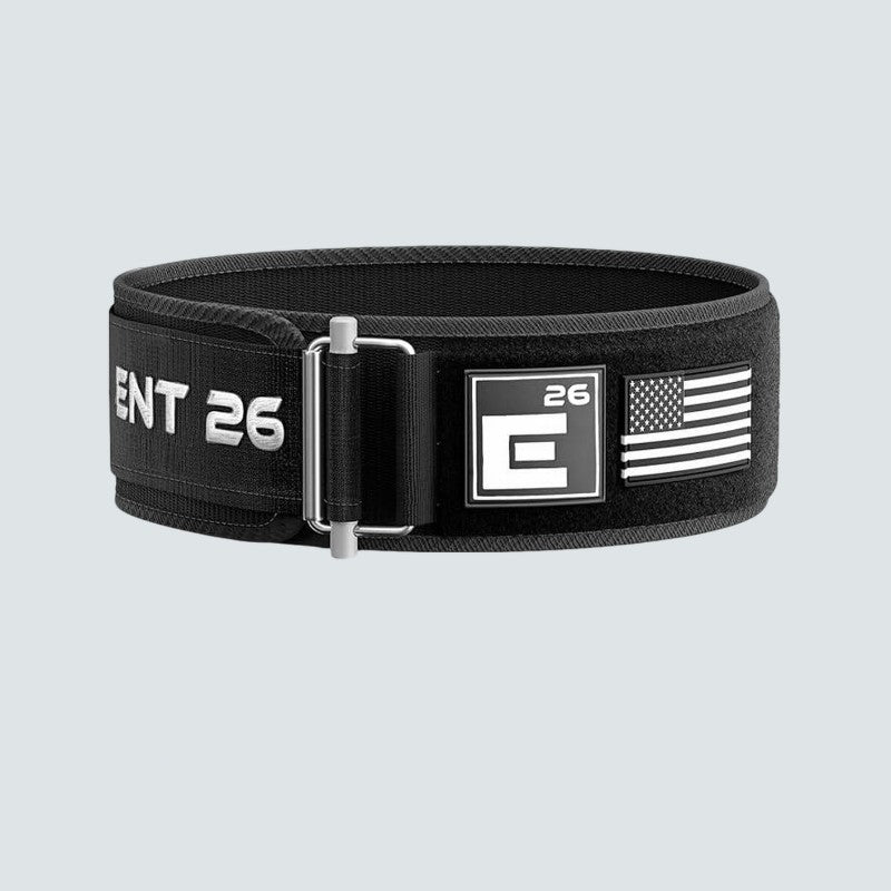 Black weightlifting belt with 'ENT 26' branding and American flag on a light gray background, with color options displayed below.
