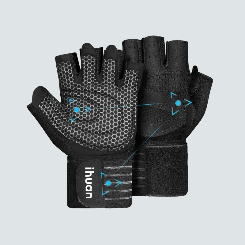 Black workout gloves with text and design details on a light gray background